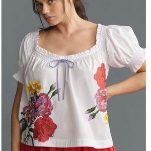 Anthropologie White Blouse Puff-Sleeve Tie Front Colorful Floral Embroidery